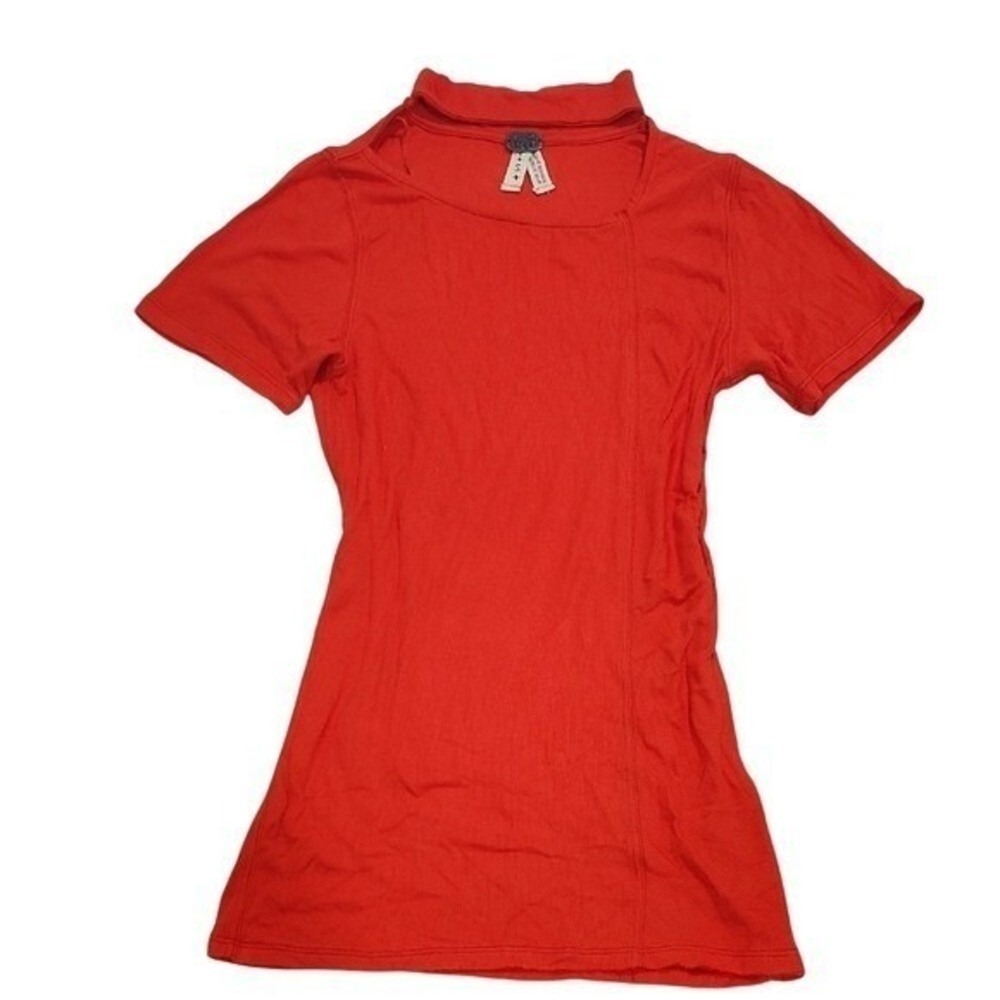We The Free Cutout Neck Top Womens Small Red Ribbed Boho Edgy Fitted Minimalist